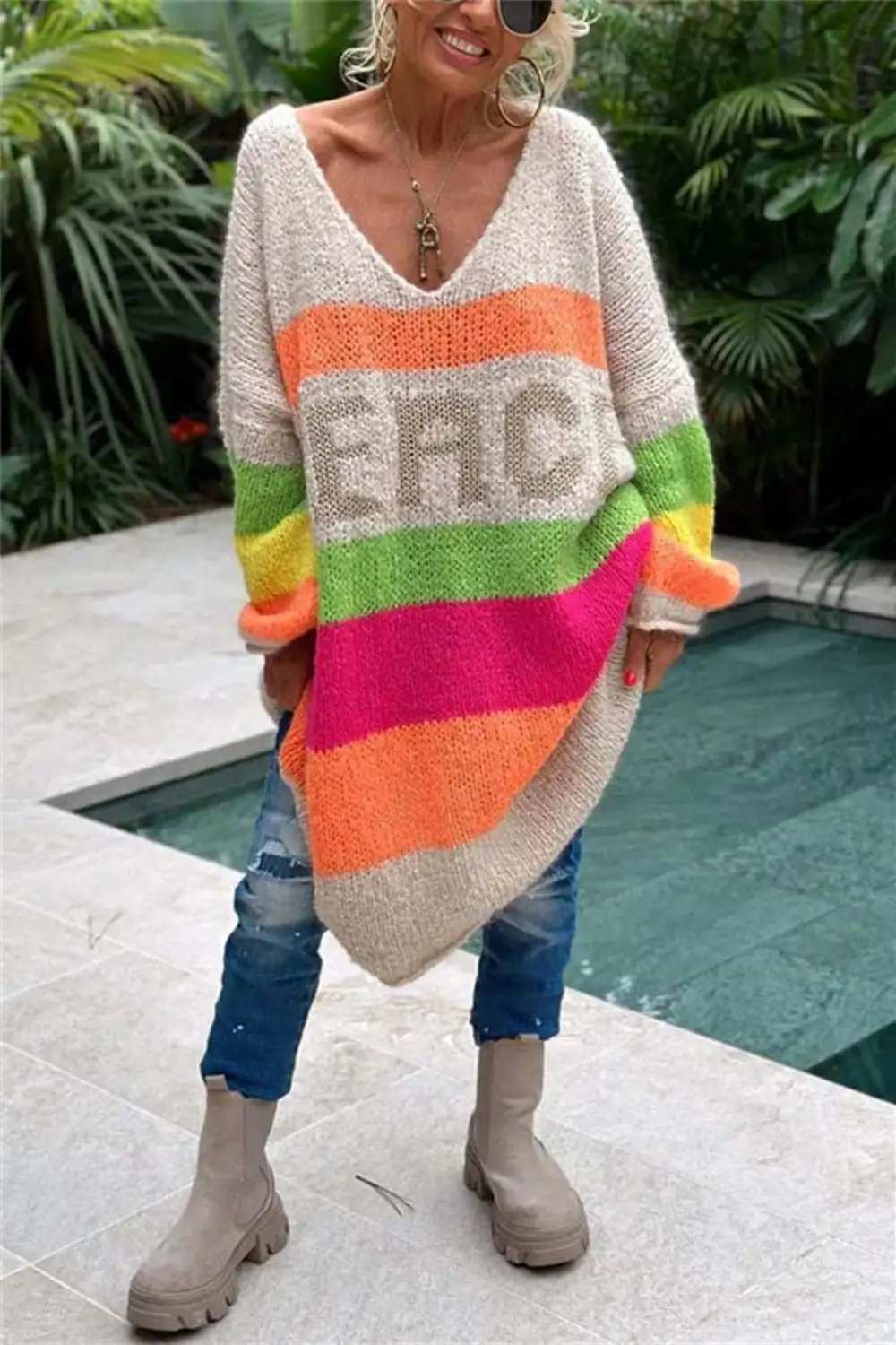 Color Block V-Neck Long Sleeve Sweater Dress - Trendsi - Flyclothing LLC