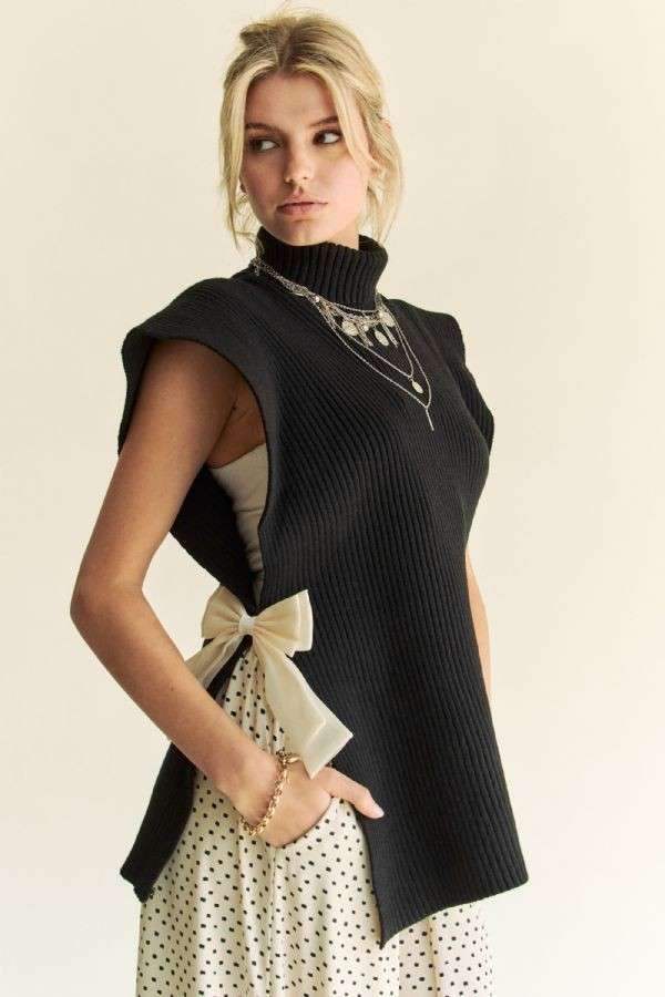 Davi & Dani Side Split Turtleneck Sleeveless Knit Top - Trendsi - Flyclothing LLC