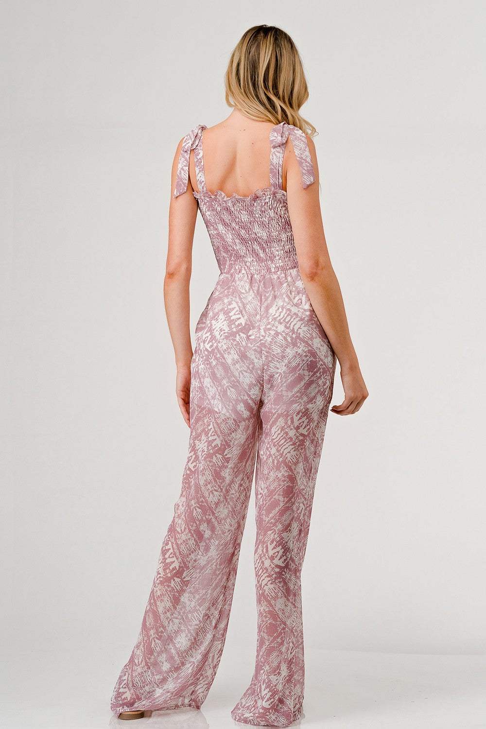 Geegee GeeGee Printed Tie Shoulder Wide Leg Jumpsuit - Flyclothing LLC