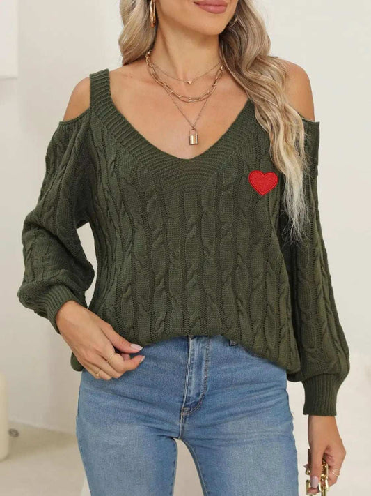 Cable-Knit Heart V-Neck Sweater - Trendsi - Flyclothing LLC
