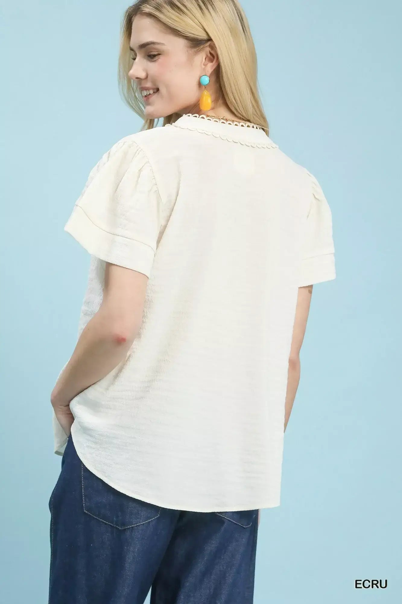 Umgee Seersucker Short Sleeve Top with Lace Trim - Trendsi - Flyclothing LLC
