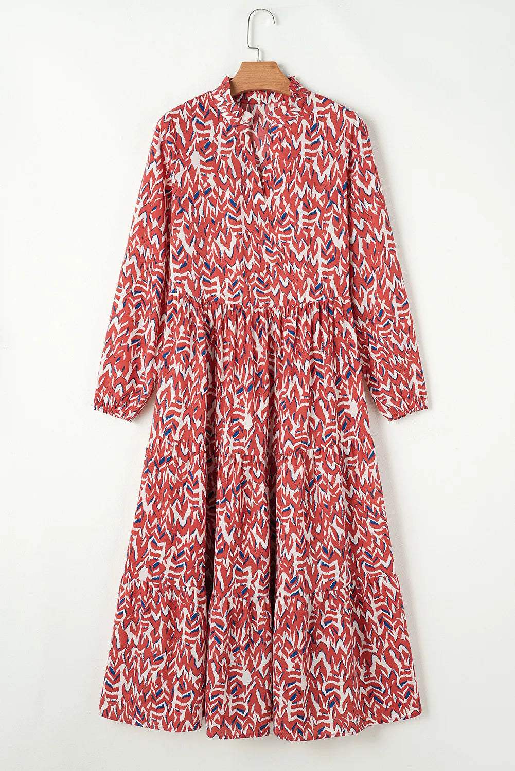 Printed Notched Long Sleeve Dress - Trendsi - Flyclothing LLC
