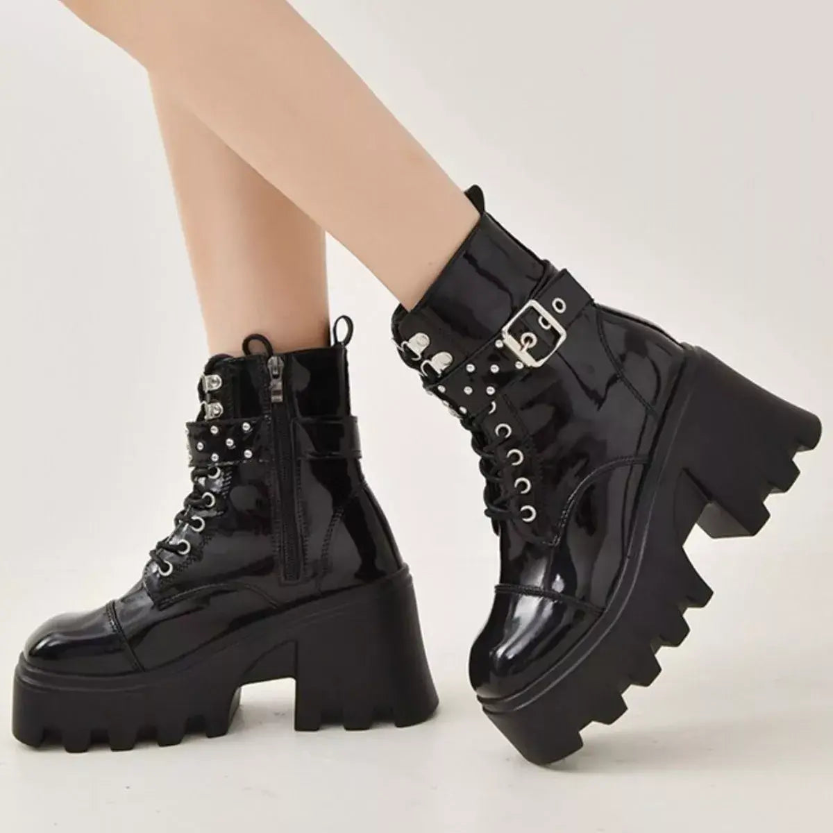 Platform Ankle Boots with Buckle and Studded Detail - Trendsi - Flyclothing LLC