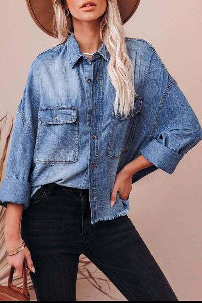 Collared Neck Raw Hem Long Sleeve Denim Shirt - Trendsi - Flyclothing LLC
