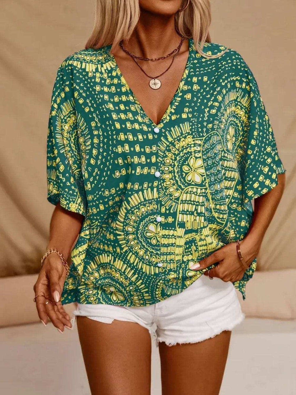 Printed V-Neck Half Sleeve Top - Trendsi - Flyclothing LLC