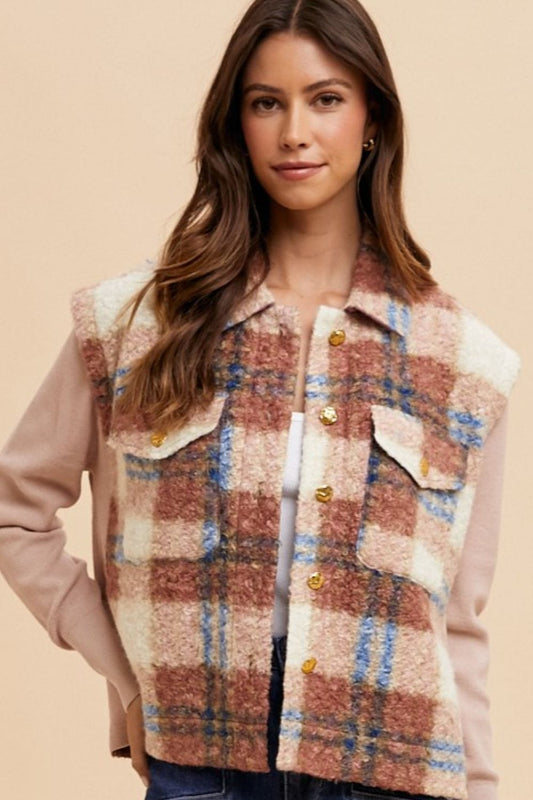 Annie Wear Faux Fur Plaid Button Up Jacket - Trendsi