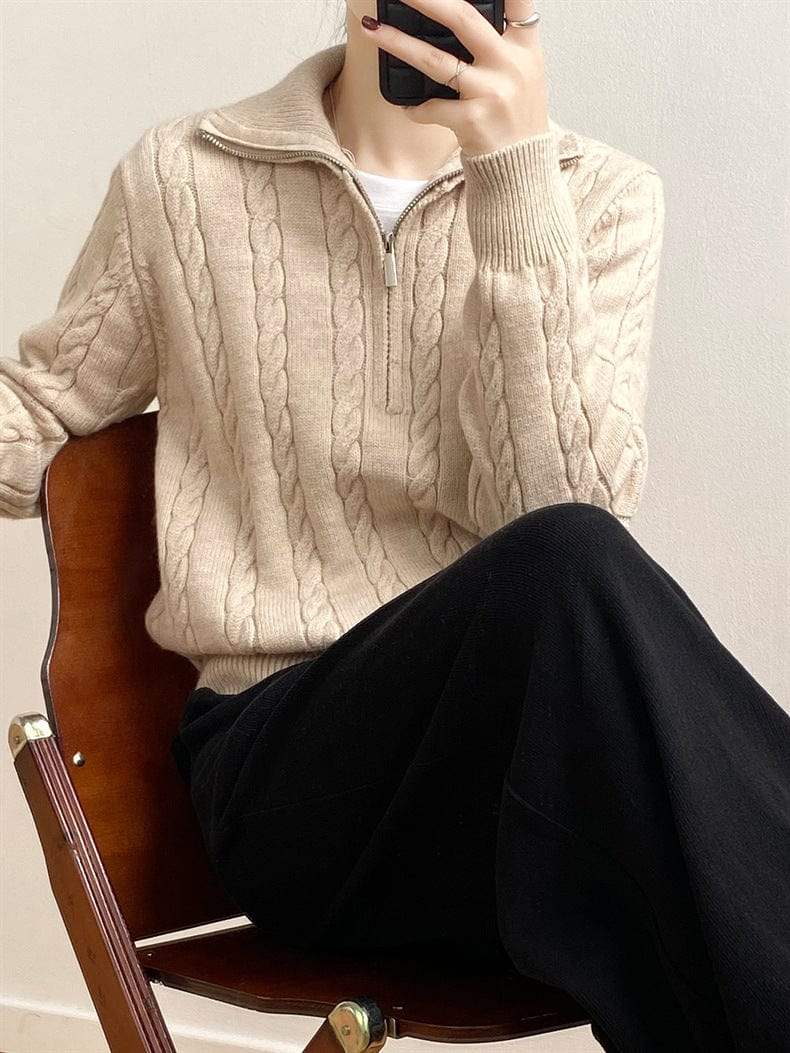 Cable-Knit Half Zip Long Sleeve Sweater - Trendsi - Flyclothing LLC