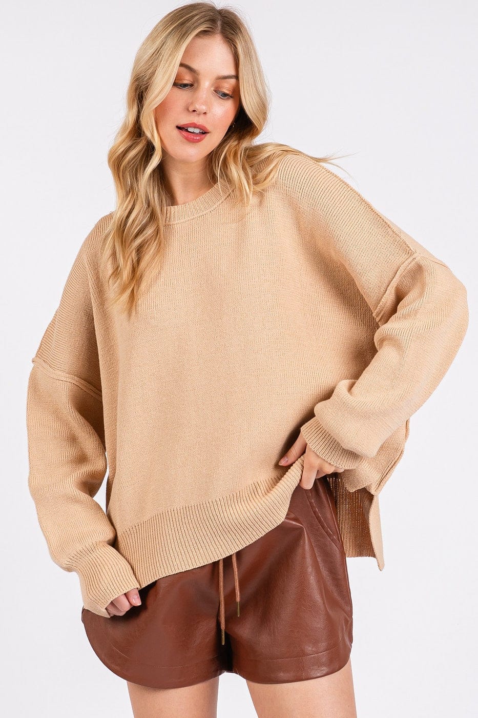Mittoshop Side Slit Round Neck Drop Shoulder Sweater - Trendsi