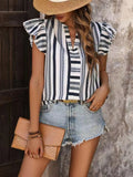 Contrast Striped Notched Ruffled Cap Sleeve Blouse - Trendsi