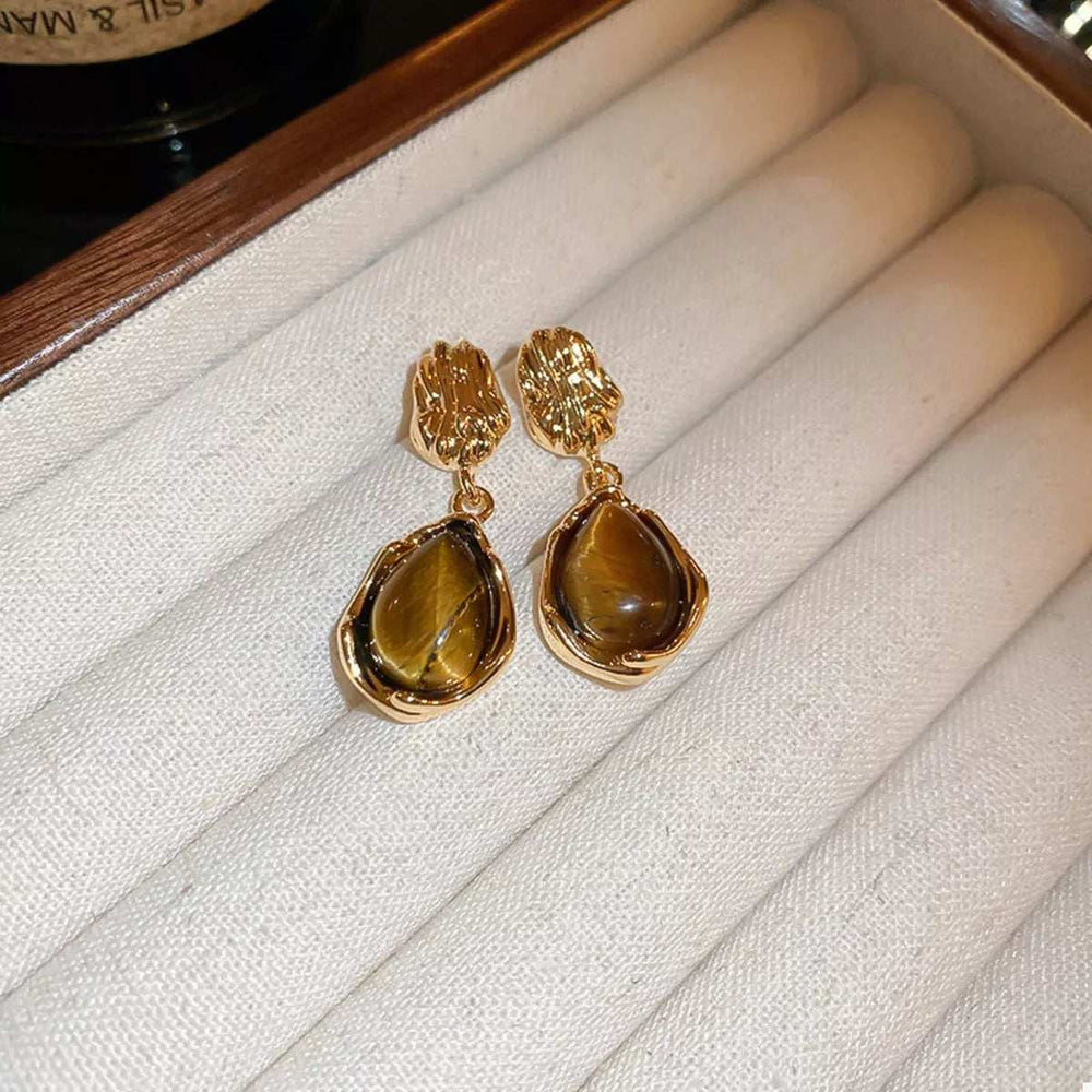 Tiger's Eye 18K Gold-Plated Copper Geometric Earrings - Trendsi - Flyclothing LLC
