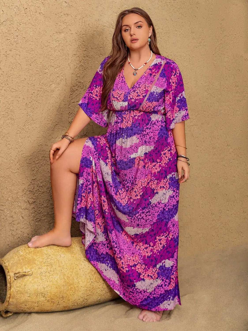 Plus Size Slit Printed Half Sleeve Maxi Dress - Trendsi - Flyclothing LLC