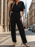 Notched Half Sleeve Straight Jumpsuit - Trendsi