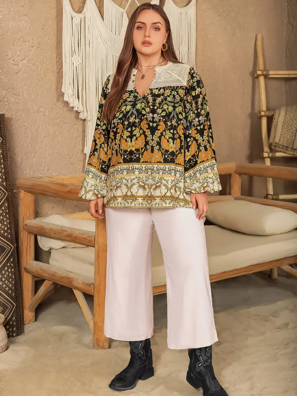 Plus Size Floral Print Notched Blouse - Trendsi - Flyclothing LLC