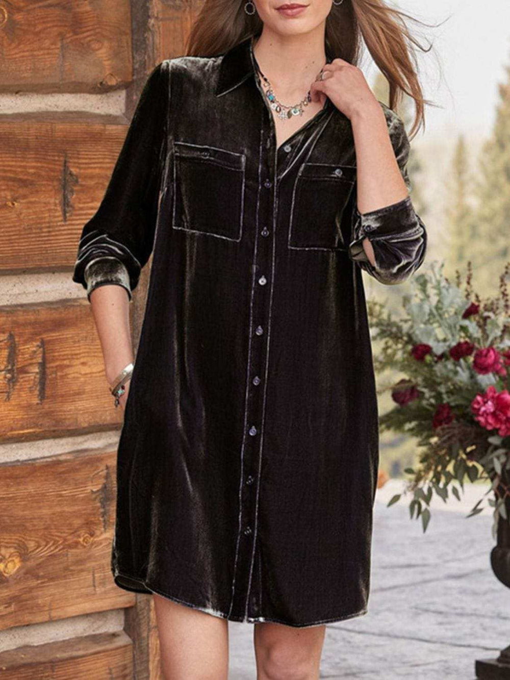 High-Low Button Up Long Sleeve Knee Length Dress - Trendsi - Flyclothing LLC