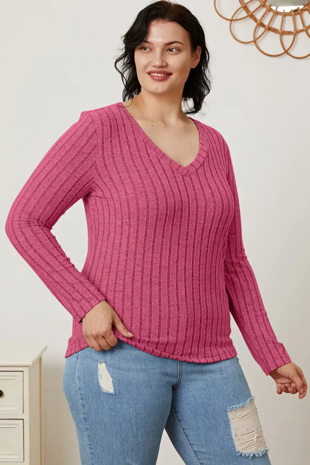 Basic Bae Full Size Ribbed V-Neck Long Sleeve T-Shirt - ShopBasicbae - Flyclothing LLC