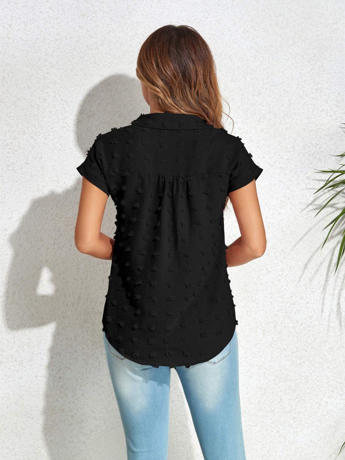 Swiss Dot Button Up Cap Sleeve Shirt - Trendsi - Flyclothing LLC