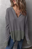 Waffle-Knit Exposed Seam Notched Long Sleeve Top - Trendsi - Flyclothing LLC