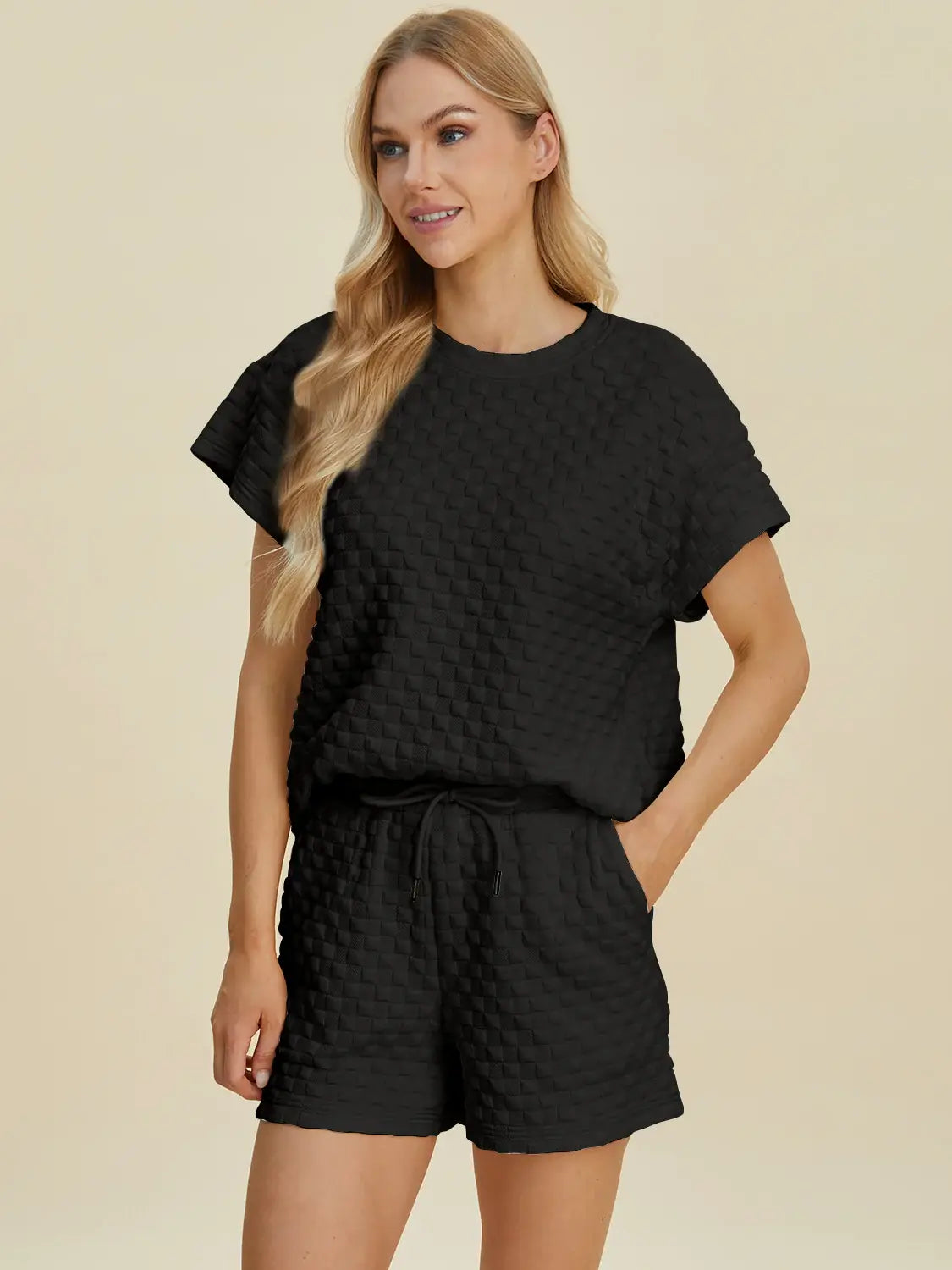 Double Take Full Size Texture T-Shirt and Shorts Set - Trendsi - Flyclothing LLC