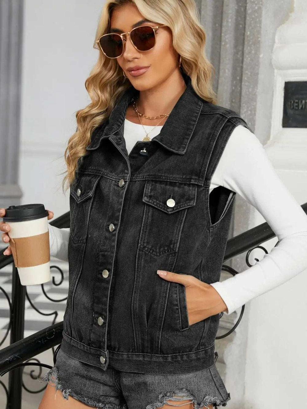 Pocketed Button Up Sleeveless Denim Jacket - Trendsi - Flyclothing LLC