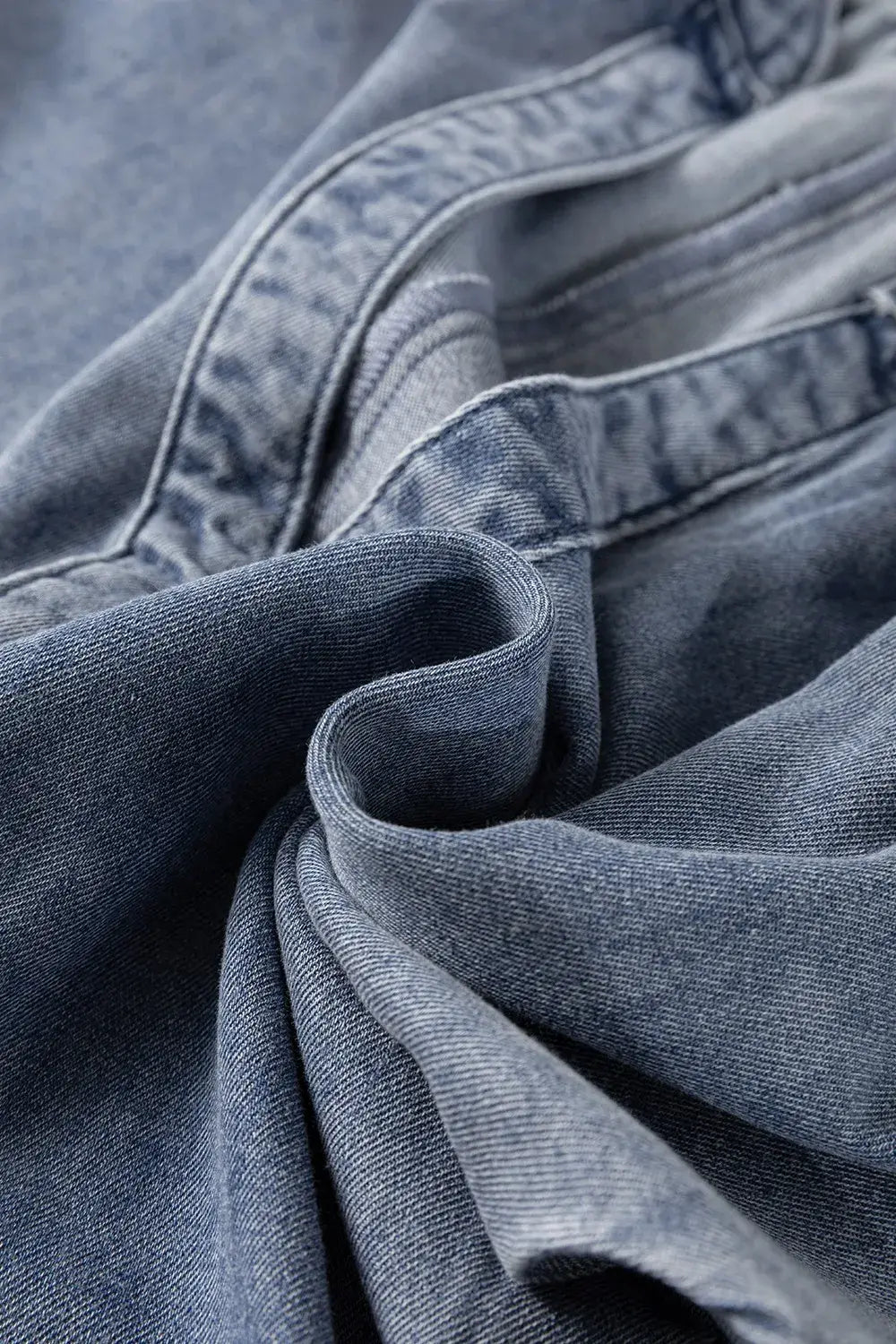 V Neck Ruffled Short Puff Sleeve Denim Top - Trendsi - Flyclothing LLC