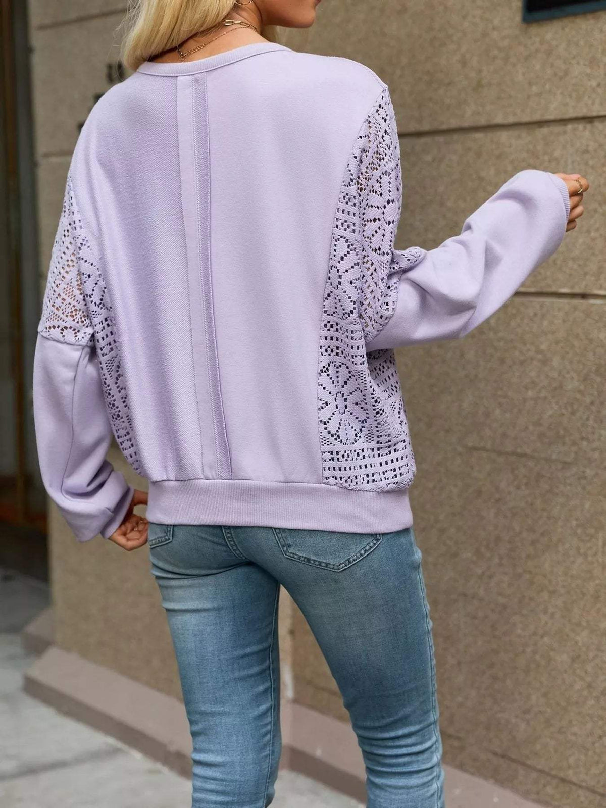 Lace Sleeve Crew Neck Sweatshirt - Trendsi - Flyclothing LLC