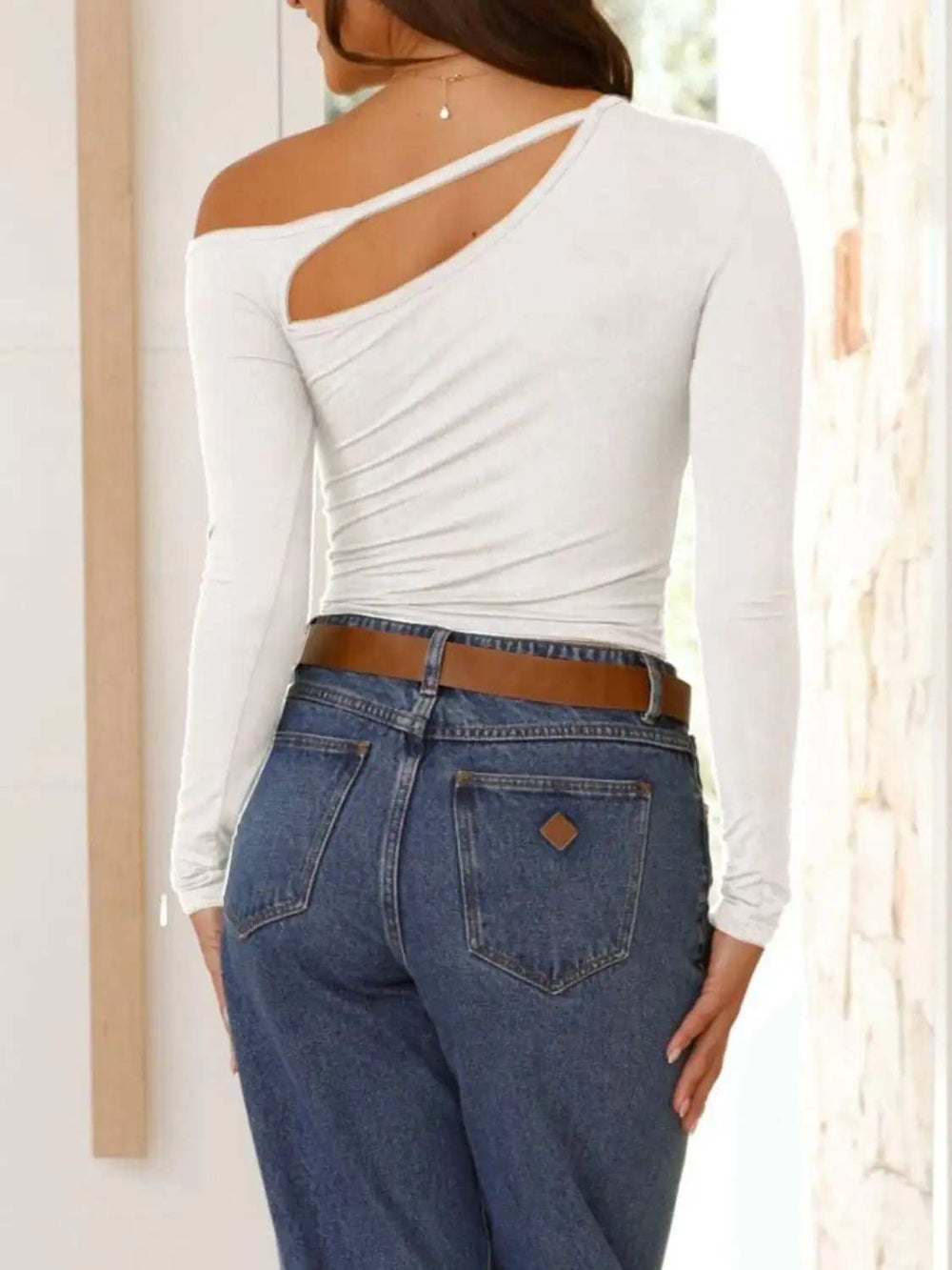 Cutout Asymmetrical Neck Long Sleeve T-Shirt - Trendsi - Flyclothing LLC