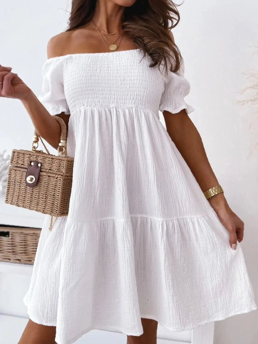 Smocked Off-Shoulder Mini Dress - Trendsi