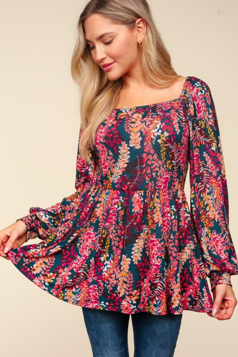 Haptics Full Size Peplum Floral Square Neck Blouse - Trendsi
