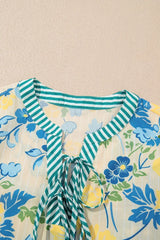 Floral Striped Trim Puff Short Sleeve Dress - Trendsi - Flyclothing LLC