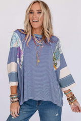Striped Floral Patchwork Round Neck Top - Trendsi - Flyclothing LLC