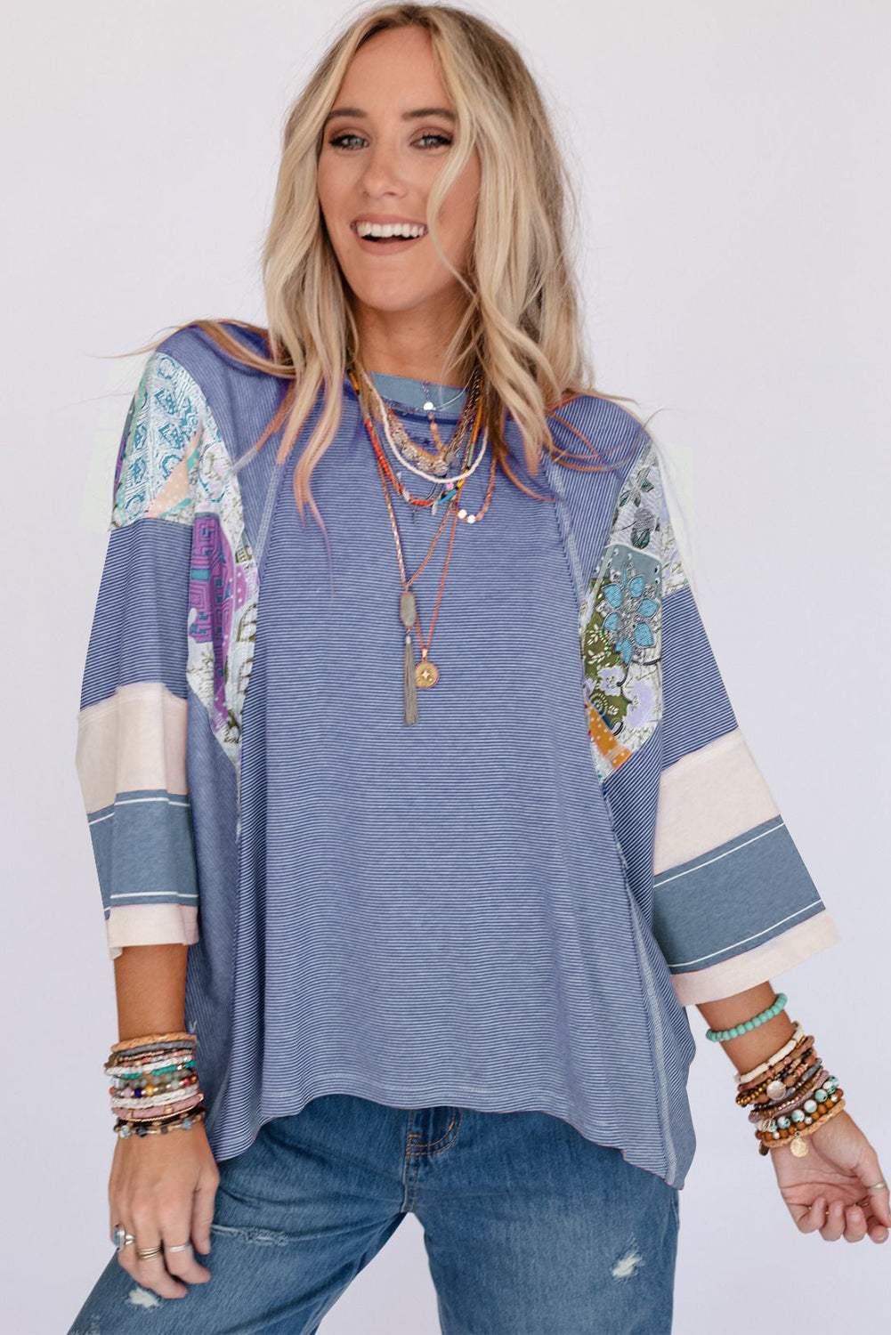 Striped Floral Patchwork Round Neck Top - Trendsi - Flyclothing LLC