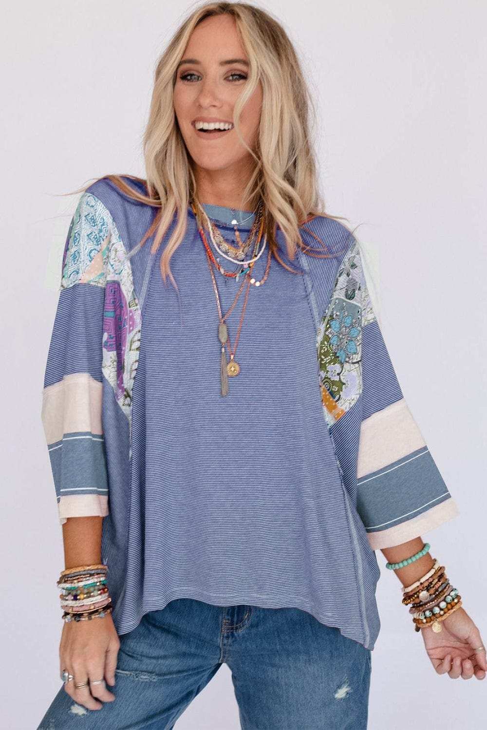 Striped Floral Patchwork Round Neck Top - Trendsi - Flyclothing LLC