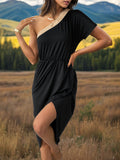 Slit Single Shoulder Short Sleeve Midi Dress - Trendsi
