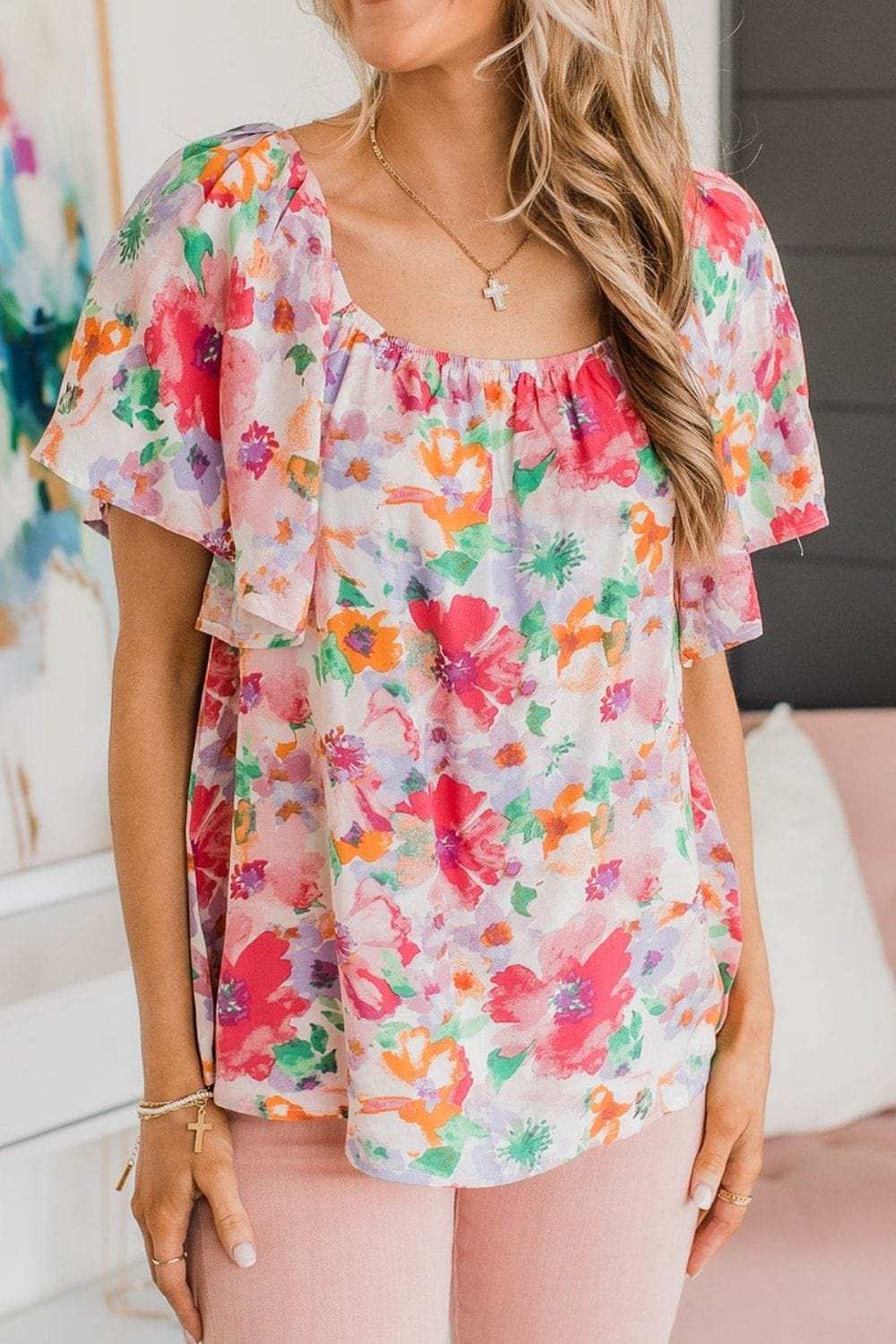 Floral Square Neck Ruffle Sleeve Blouse - Trendsi - Flyclothing LLC