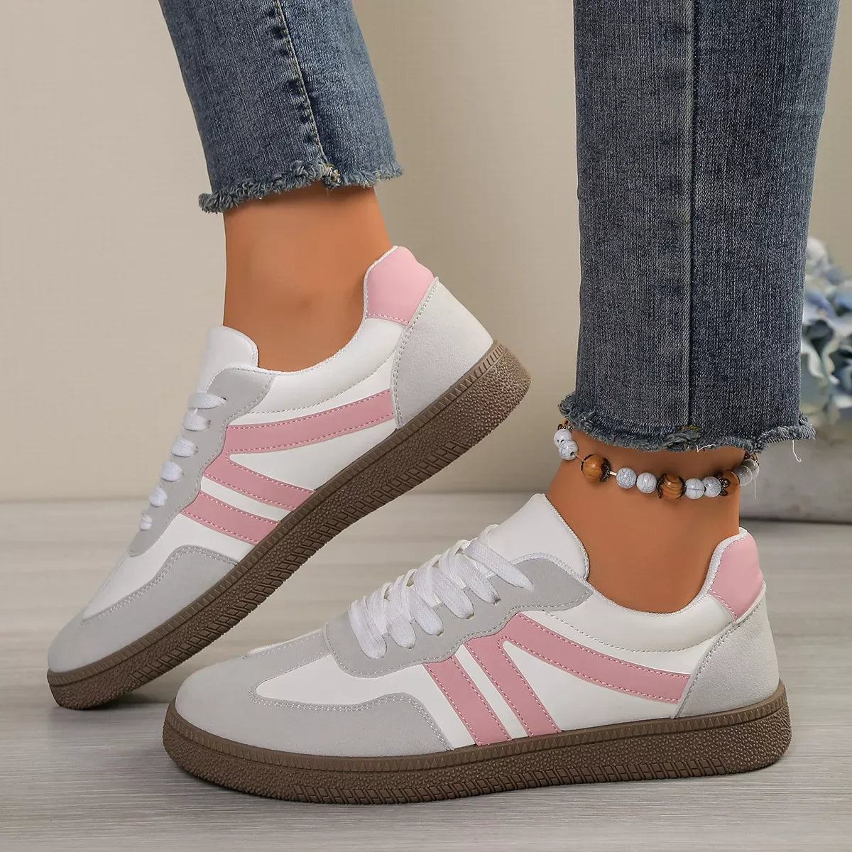 Striped Lace-Up Casual Sneakers - Trendsi - Flyclothing LLC