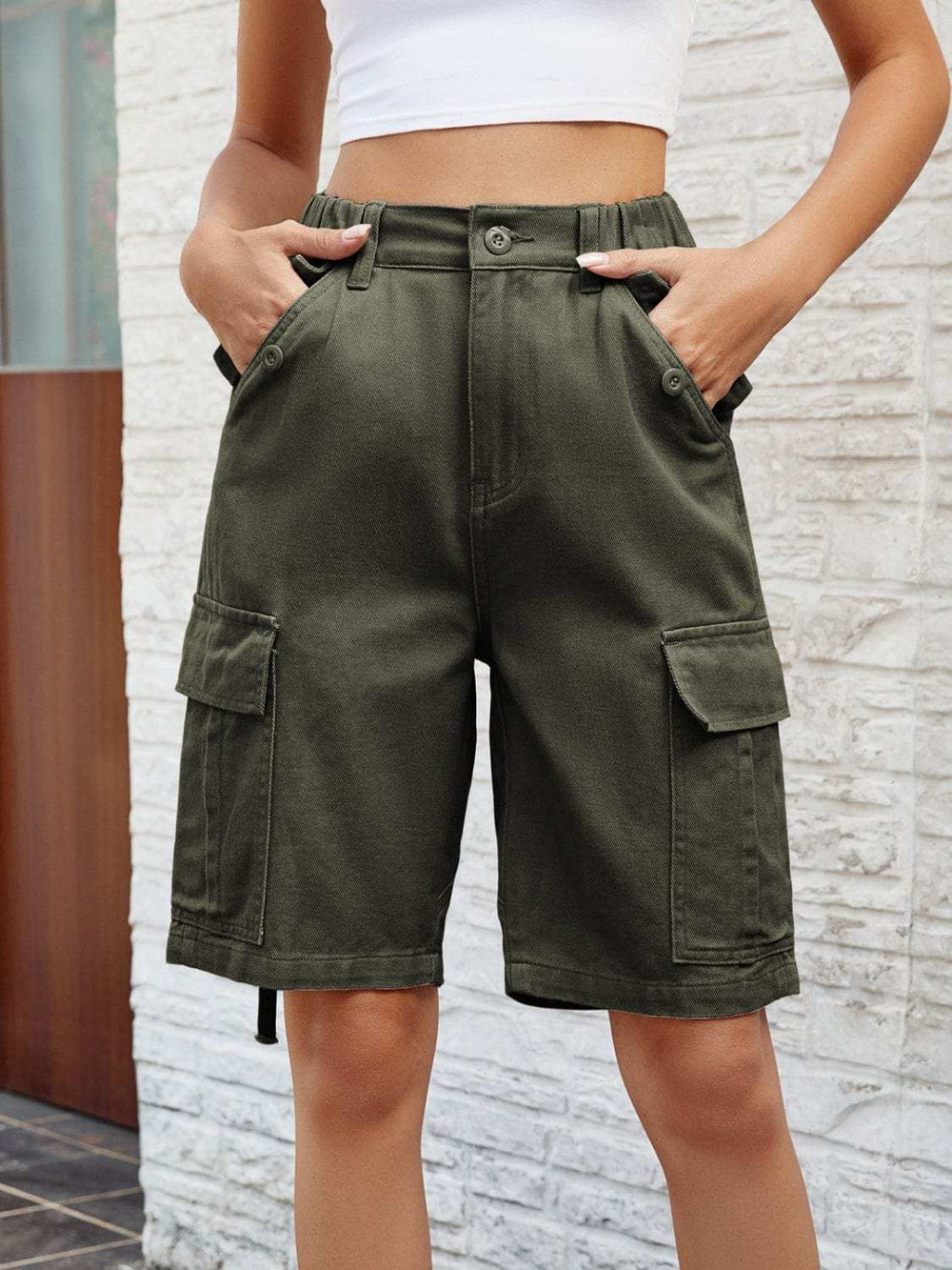 High Waist Denim Shorts with Pockets - Trendsi - Flyclothing LLC