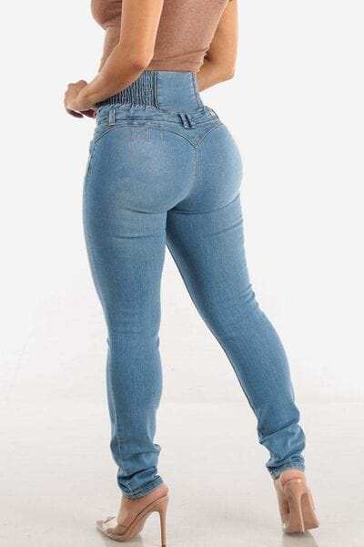 High Waist Buttoned Skinny Hip Lifting Jeans - Trendsi - Flyclothing LLC