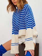 Striped Mock Neck Long Sleeve Sweater - Trendsi - Flyclothing LLC