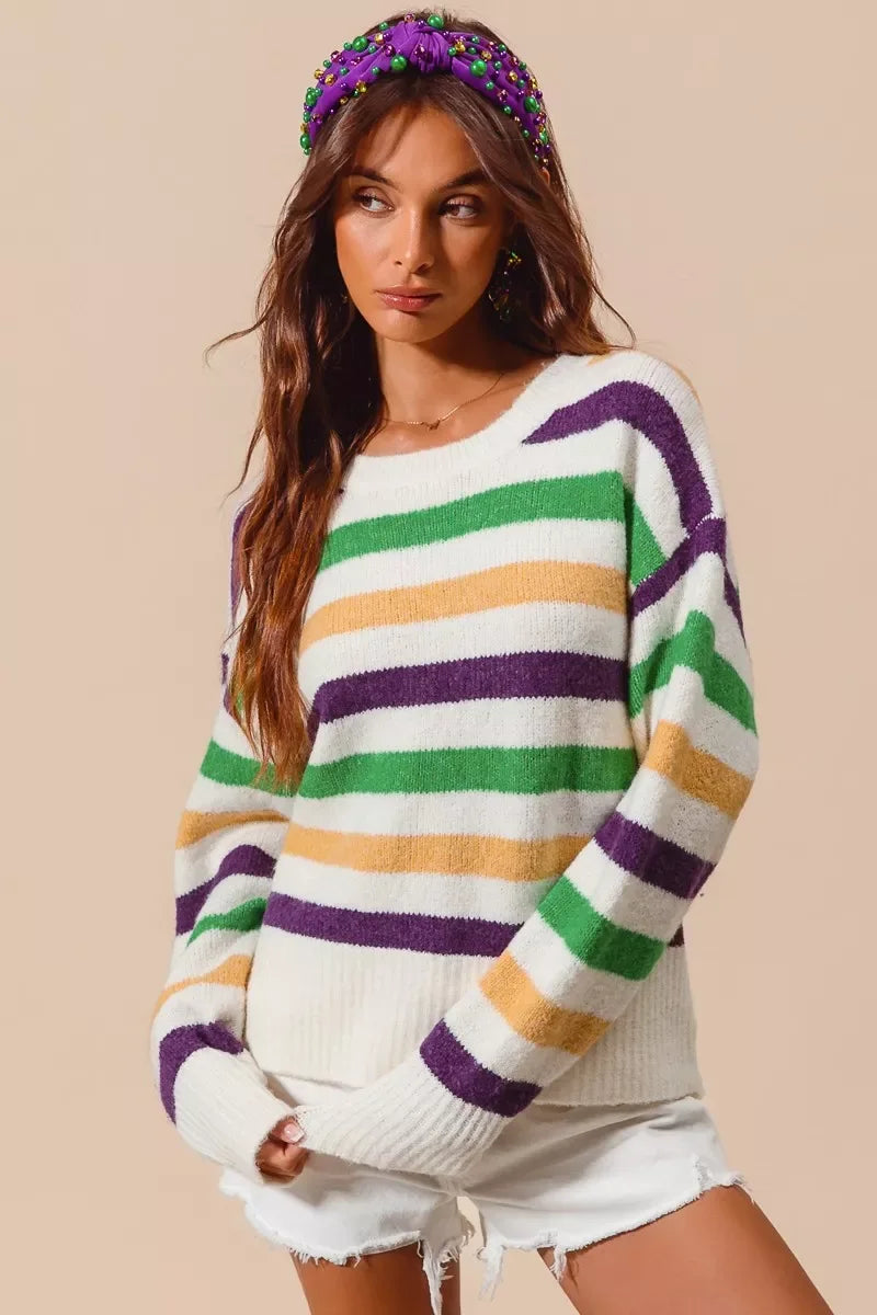 SO ME Mardi Gras Color Stripe Round Neck Sweater Top - Trendsi - Flyclothing LLC