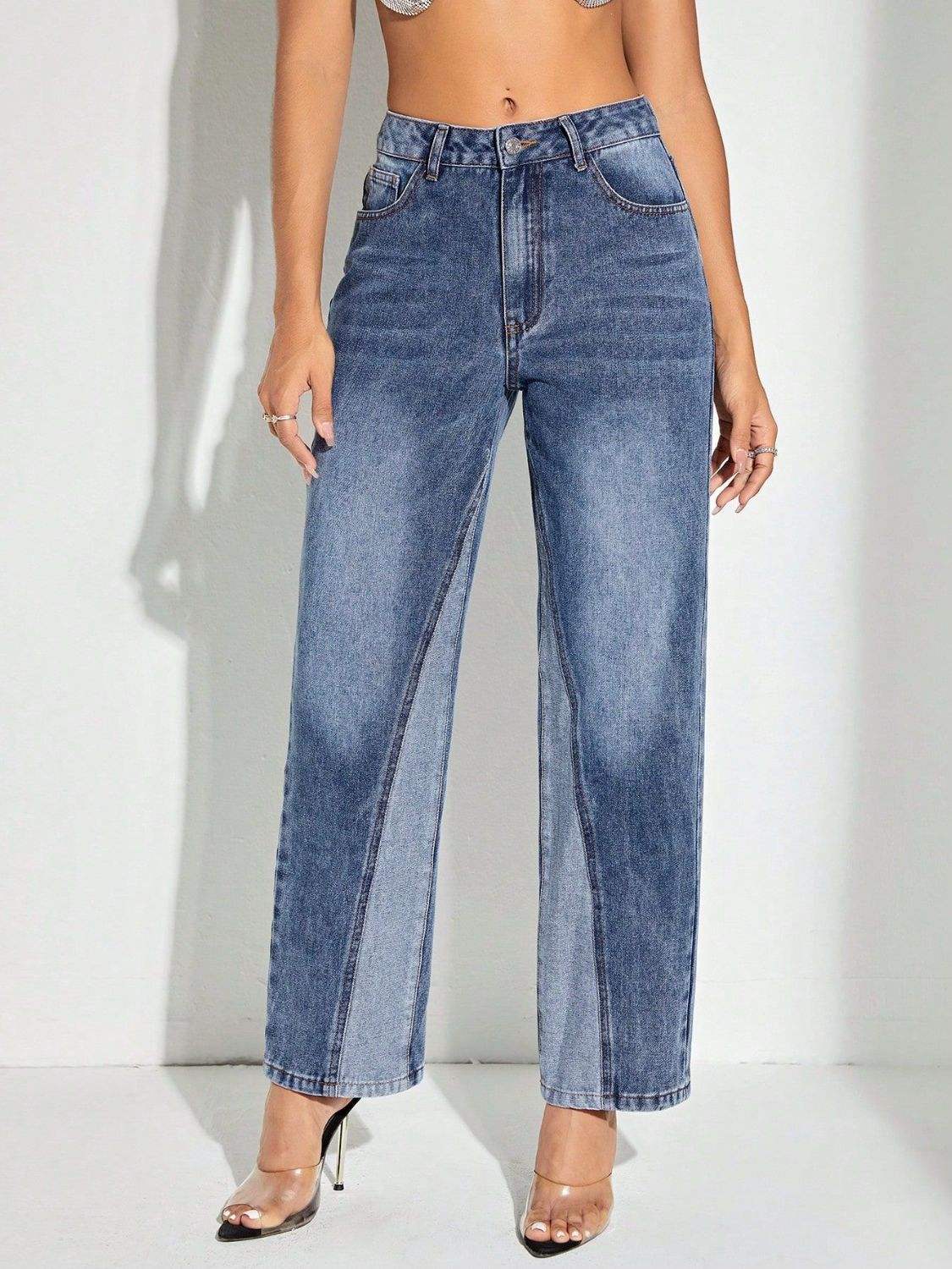 Contrast Patchwork Straight Jeans with Pockets - Trendsi - Flyclothing LLC