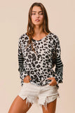 BiBi Leopard Hacci Knit Twist Back Top With Stripe Sleeve - Trendsi