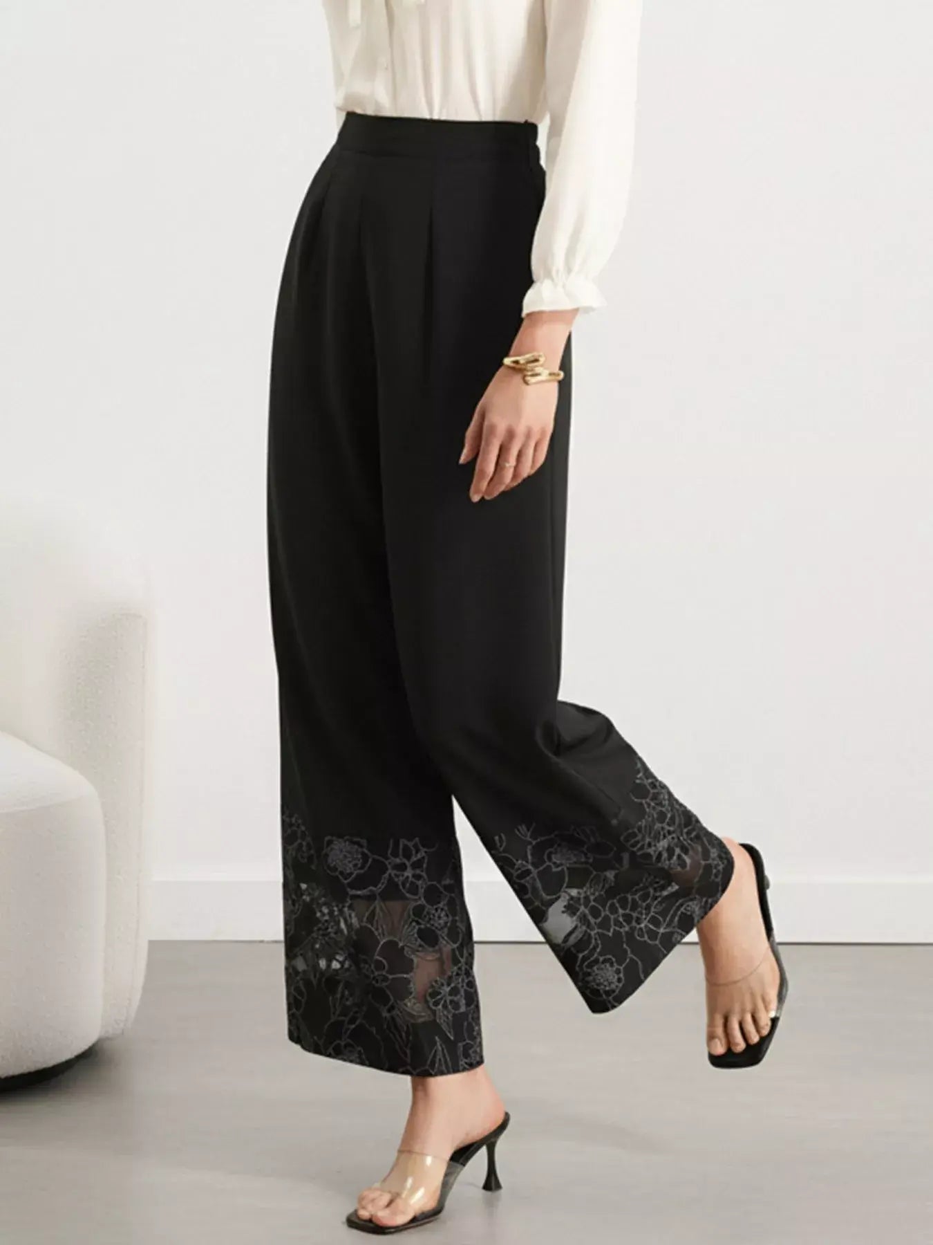 Floral Lace Hem Wide Leg Pants - Trendsi - Flyclothing LLC