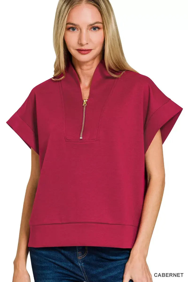 Zenana Scuba High Neck Half Zip Top - Trendsi - Flyclothing LLC