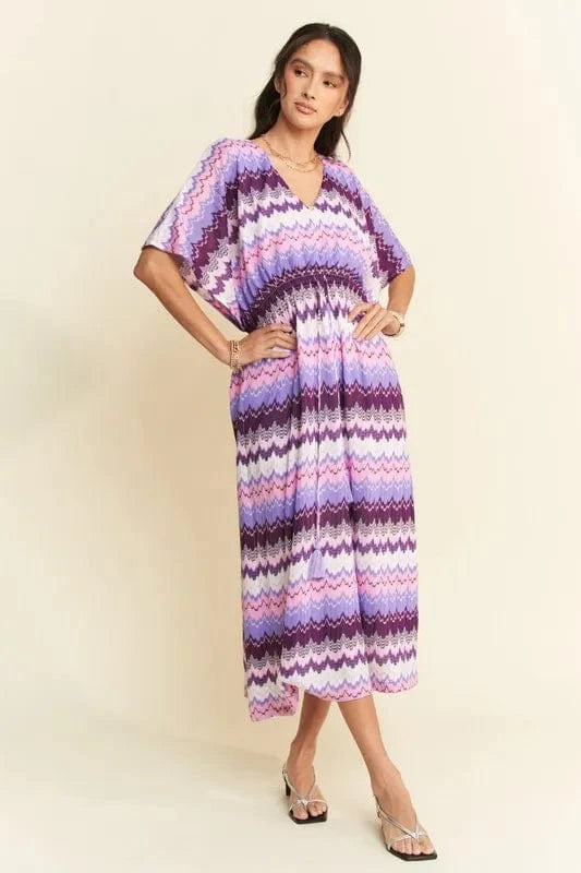 Davi & Dani Multi Color Wavy Tie Waist Flowy Sleeve Dress - Trendsi