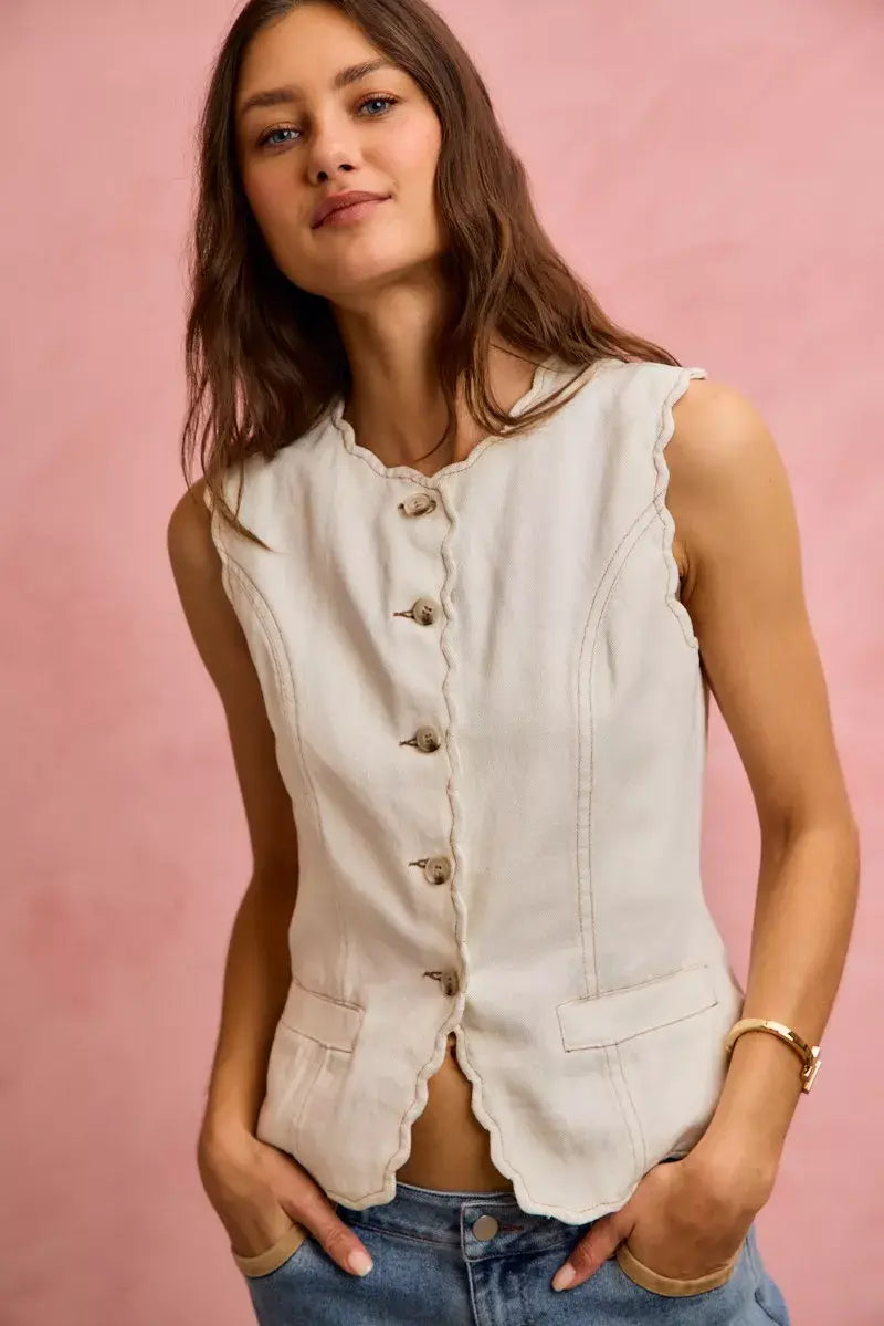 SO ME Scalloped Edge Cotton Twill Washed Vest Top - Trendsi - Flyclothing LLC