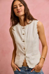 SO ME Scalloped Edge Cotton Twill Washed Vest Top - Trendsi - Flyclothing LLC