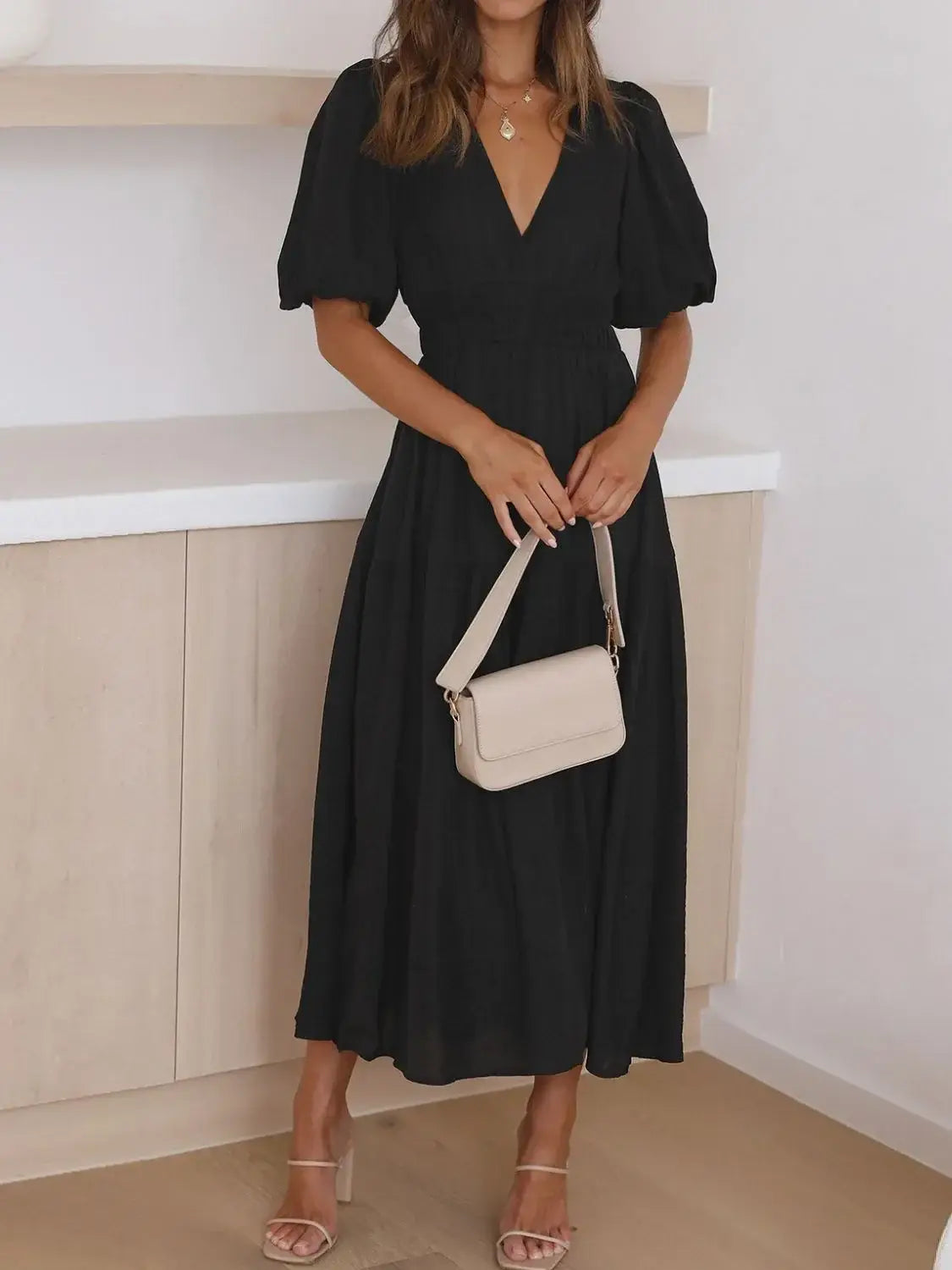 V-Neck Puff Sleeve Midi Dress - Trendsi - Flyclothing LLC