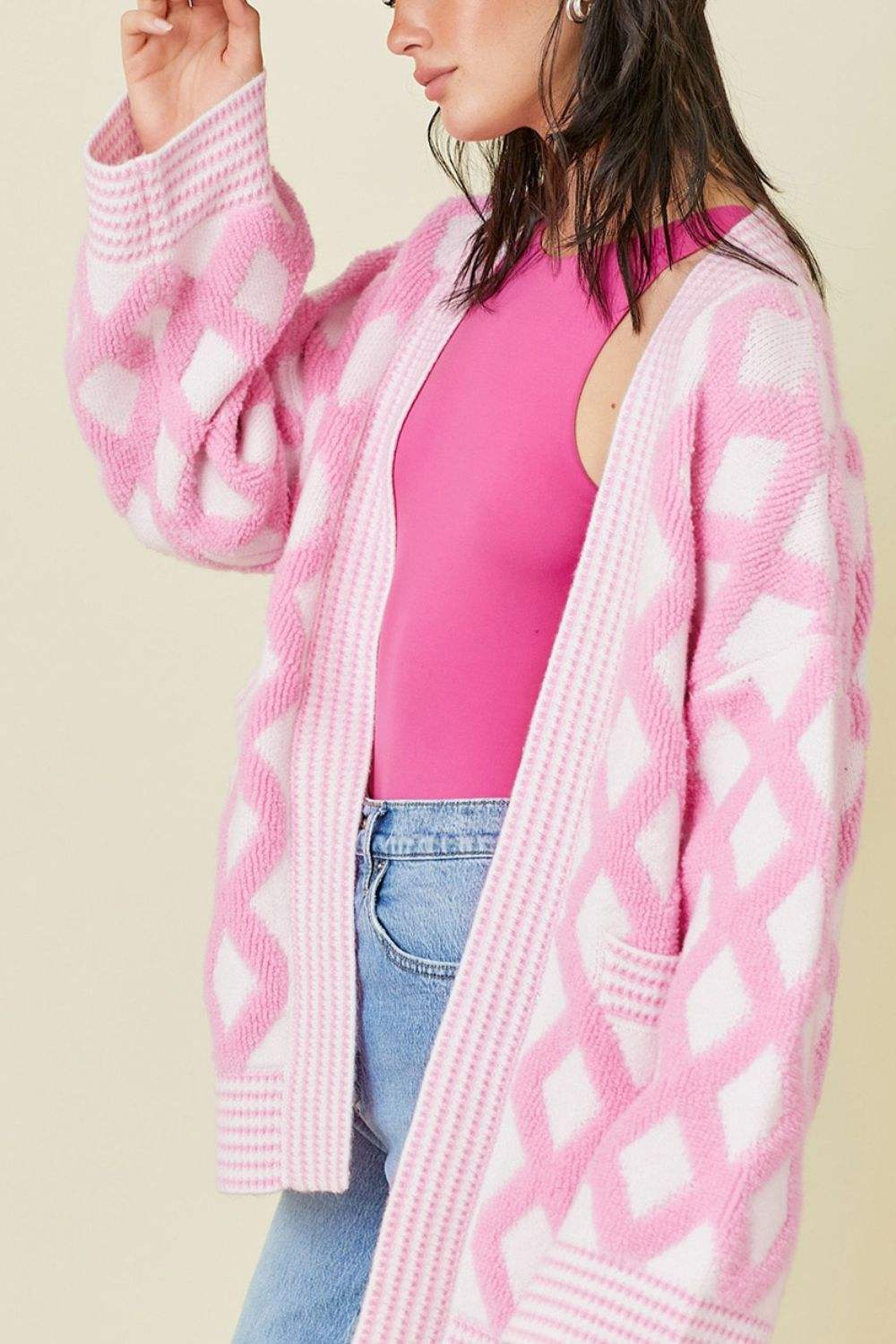 Geometric Open Front Long Sleeve Cardigan - Trendsi - Flyclothing LLC