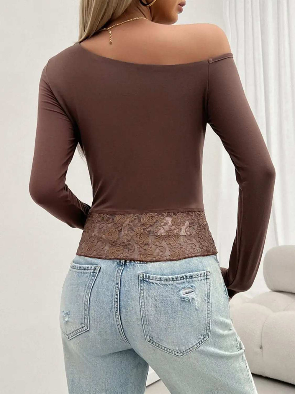 Single Shoulder Long Sleeve Lace T-Shirt - Trendsi - Flyclothing LLC