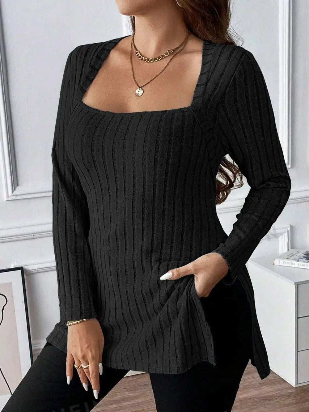 Plus Size Square Neck Long Sleeve Top - Trendsi - Flyclothing LLC